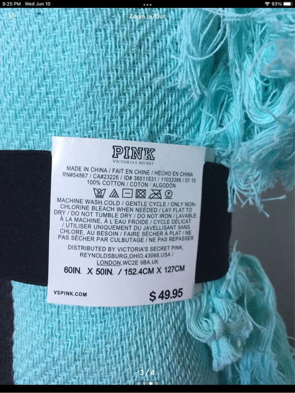 Brand New PINK Victoria's Secret Black & Aqua Stripe Beach Blanket